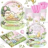 120PCS Pink Classic Winnie Bear Party Supplies Babyshower 1st Party Decorations for Kids Girls Birthday Neutral Bear Plates Napkin Cups Tableware Set for 20 Guests