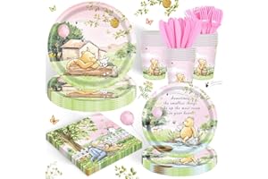 FOLNESH 120PCS Pink Classic Winnie Bear Party Supplies Babyshower 1st Party Decorations for Kids Girls Birthday Neutral Bear Plates Napkin Cups Tableware Set for 20 Guests