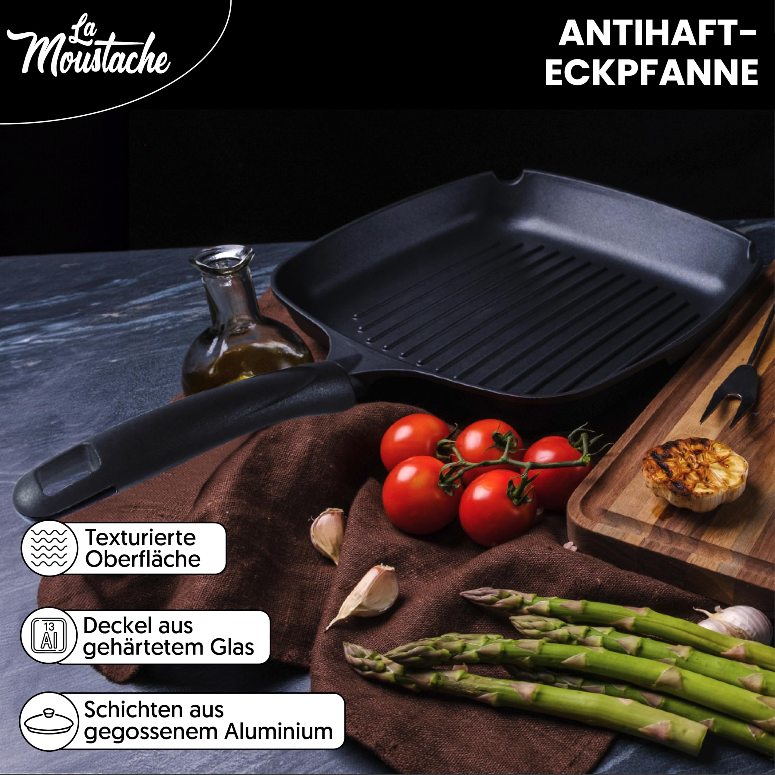 La Moustache - Grillpfanne 28 cm mit Glasdeckel, Quadratische Pfanne PFOA-Freie, Optimale Wärmeverteilung, Griddle Pan/Bratpfanne für Halogen, Gas, Elektro, Induktion, Ceran Kochfelder 2