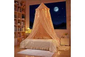 Eimilaly Princess Bed Canopy for Girls, Double Layer Canopy with 250pcs Warm White Curtain Lights, Fits Twin/Full Bed - Fairy Bed Tent for Kids Room Decor,Pink