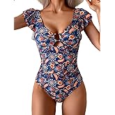 Eomenie Womens Ruffled One Piece Swimsuit Slimming Tummy Control Bathing Suit V-Neck Cutout Swimwear for Resort Wear