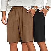 Ficerd 2 Pack Men's Big and Tall Linen Bermuda Shorts, Summer Casual Elastic Waist Flat Front Beach Shorts Pants with Pockets