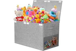 FINEONLY Large Toy Storage Box with Lid Upgraded Toy Chest Organizer with Removable PP Divider Foldable Toy Bin for Kids Boys Girls Linen Fabric Toy Box for Playroom Nursery Bedroom (25"x13"x16")