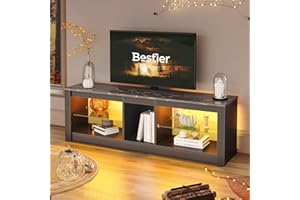 Bestier Entertainment Center LED Gaming TV Stand for 55+ Inch TV Adjustable Glass Shelves 22 Dynamic RGB Modes TV Cabinet Game Console PS4, Black Marble