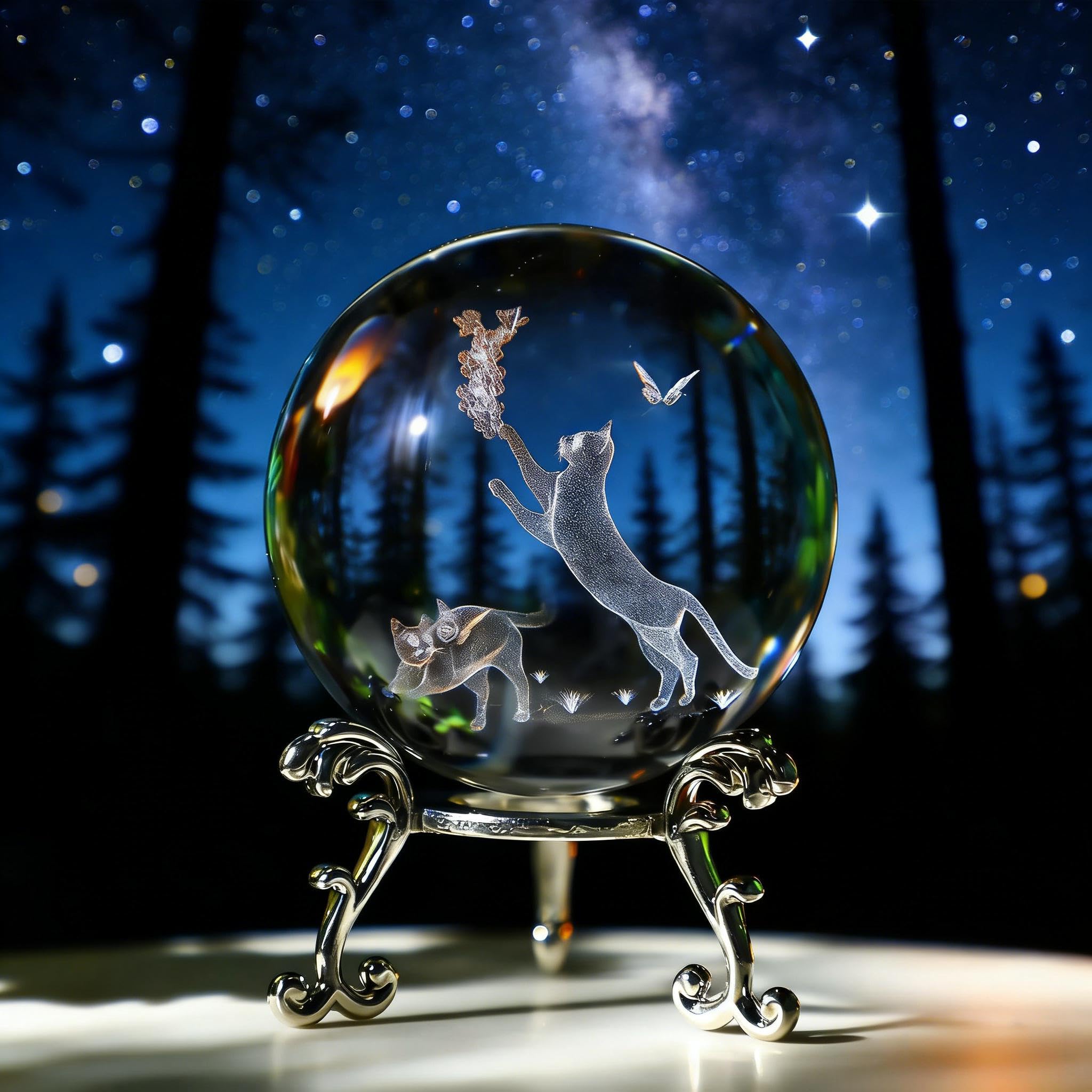vskikris 60mm 3D Crystal Ball Paperweight - Laser Engraved Cat & Grape Design with Stand – Glass Sphere Gift for Cat Lovers, Women, Girls