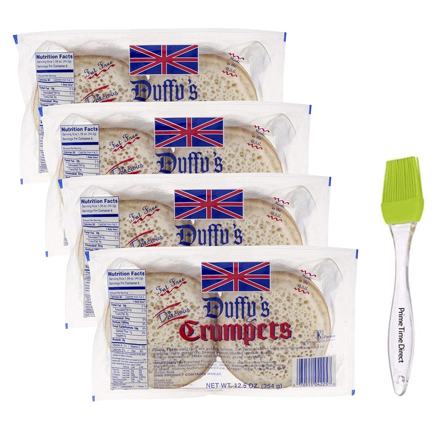 Duffy's Crumpets, 12.5 oz (Pack of 4) Bundled with PrimeTime Direct Silicone Basting Brush in a PTD Sealed Bag