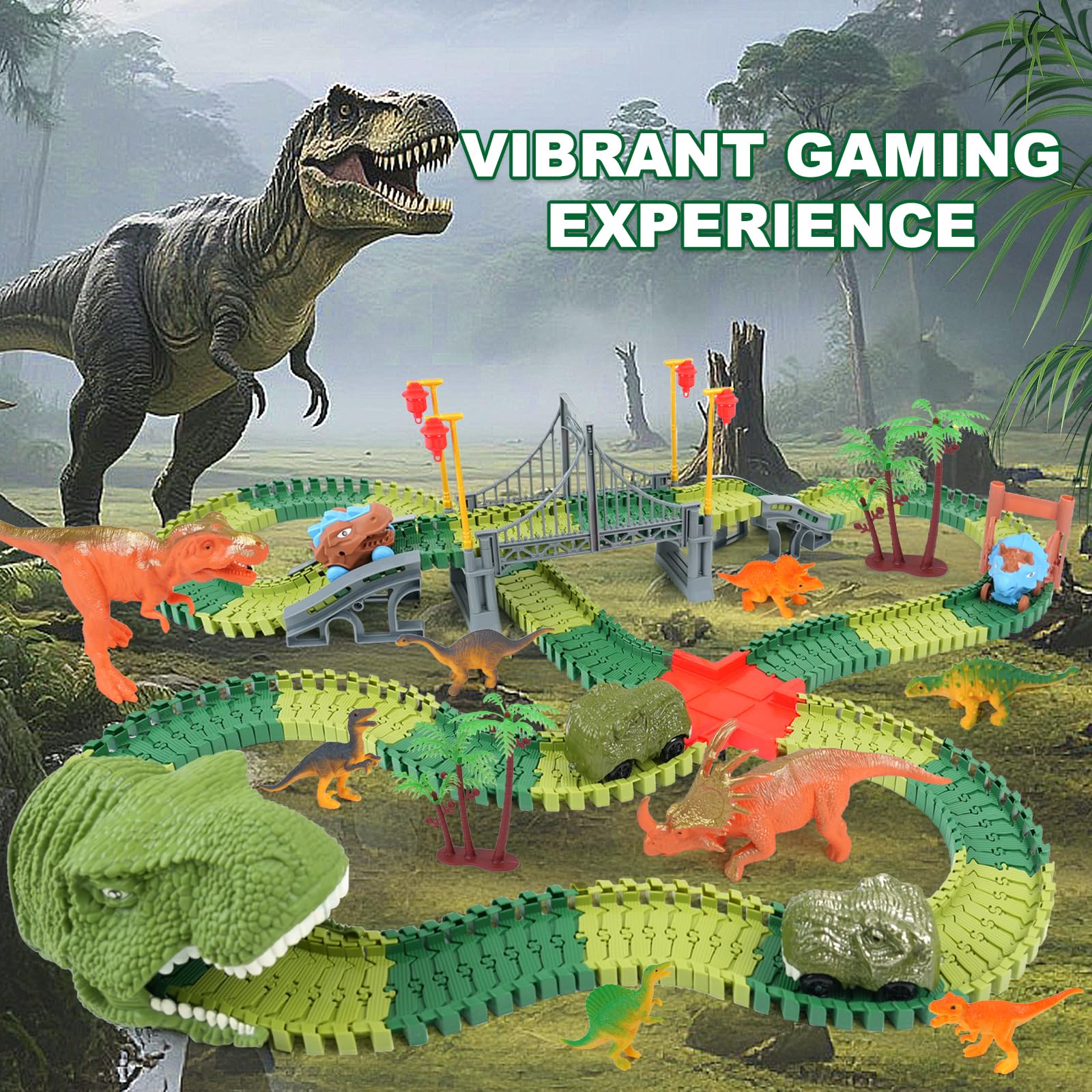 ToyFuntasy Dinosaur Track Toys for Kids - Best Birthday Gifts for 3 4 5 6 7 Year Old Boys, Flexible Race Car Track Set with Light & Sound, Create a Dino World Adventure