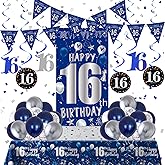 16th Birthday Decorations for Boys Girls, Blue Silver 16th Birthday Decorations Backdrop with Happy 16th Birthday Banner, Number 16 Hanging Swirls, Triangle Flag, 16 Years Old Party Decor Supplies