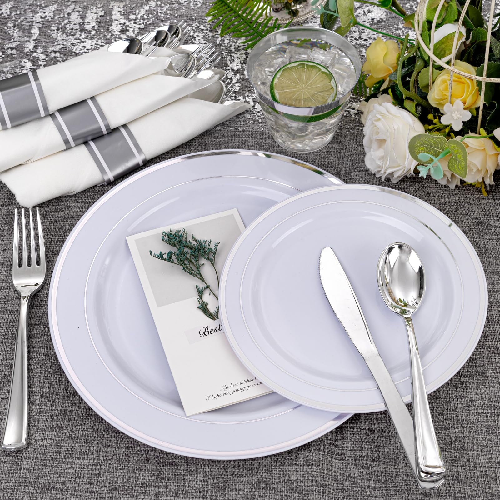 WELLIFE 350-Piece Silver Plastic Dinnerware Set - Disposable 10.25