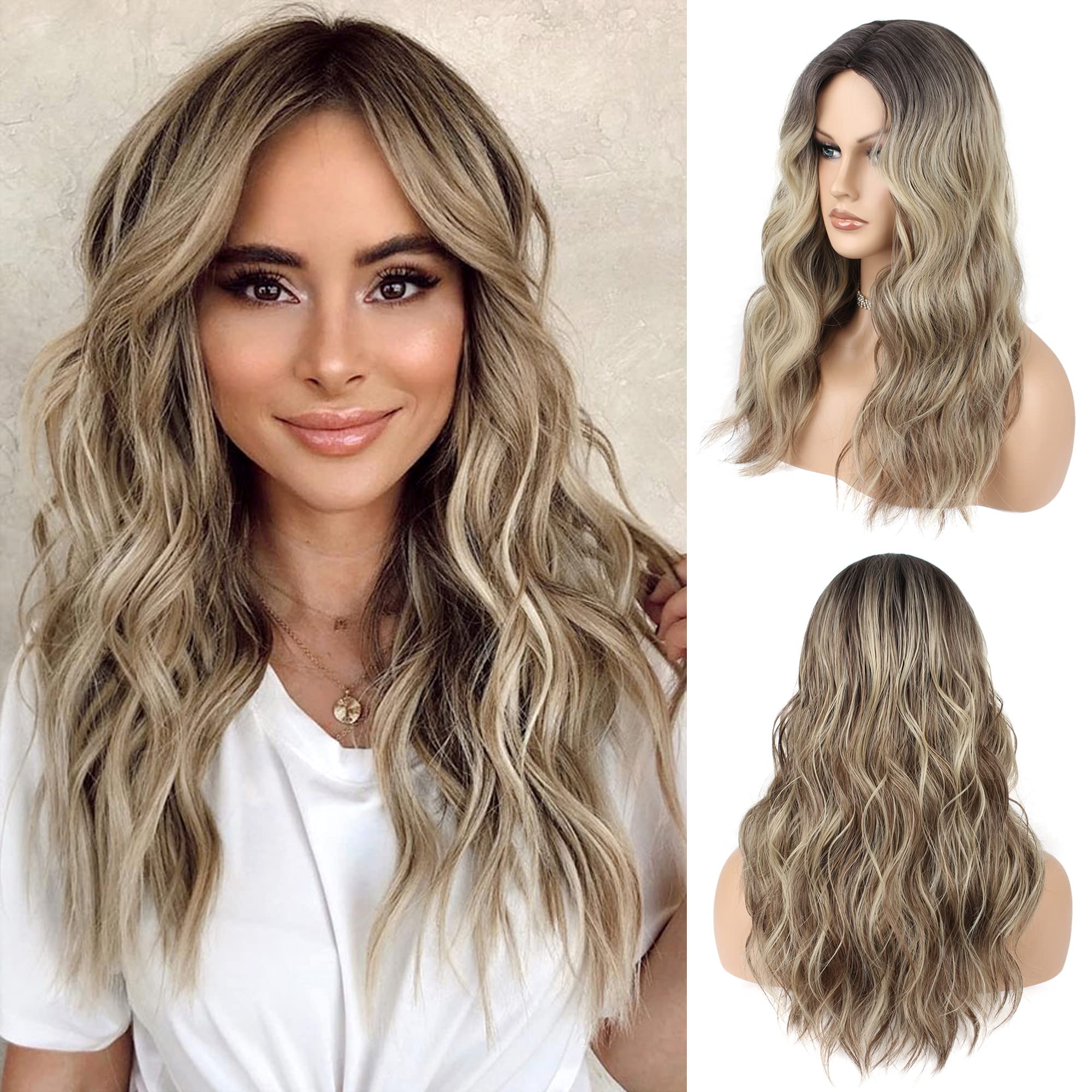 FAELBATY Long Curly Wig - Blonde & Brown Mixed, Heat Resistant Synthetic Wig for Women & Girls - Natural Curly, Daily Party & Cosplay Wig (20" RHL4/12C/24B#)
