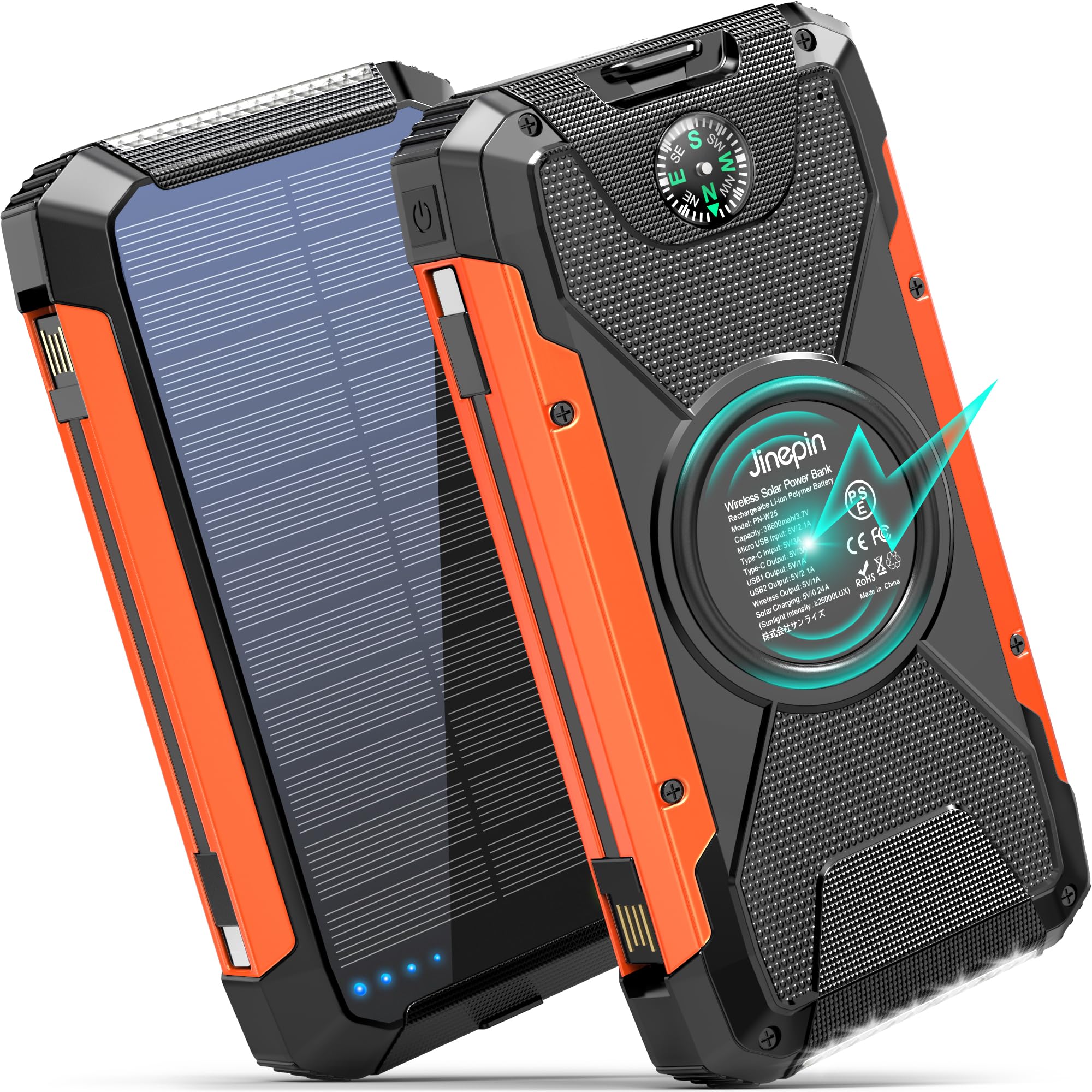 Jinepin Solar Charger Power Bank -38600mAh Solar Phone Charger Built in 3 Cables Waterproof Outdoor External Battery Pack with 4 Outputs 2 Inputs USB C 15 W Powerbank with Camping Light Compass