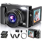 4K Digital Camera for Photography Autofocus, 2026 Latest 48MP Vlogging Camera for YouTube with SD Card, 2 Batteries, 3" 180°Flip Screen Compact Travel Camera for Teens with 16X Zoom, Anti-Shake,Black