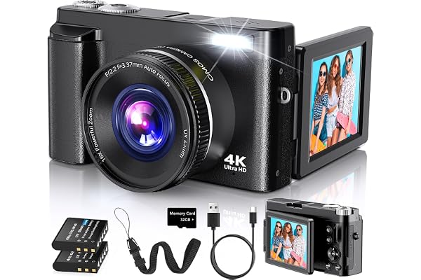 Duluvulu 4K Digital Camera for Photography Autofocus, 2026 Latest 48MP Vlogging Camera for YouTube with SD Card, 2 Batteries, 3" 180°Flip Screen Compact Travel Camera for Teens with 16X Zoom,Black
