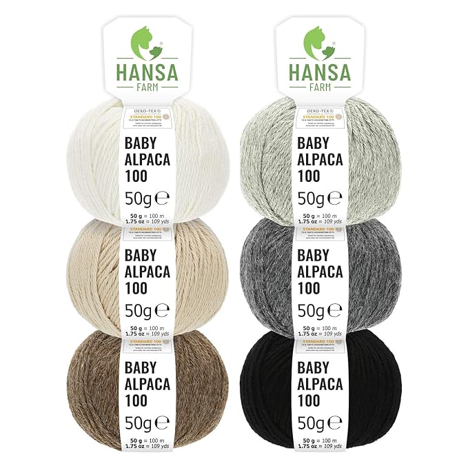 HANSA-FARM 100% Alpaka Wolle im schönen Mix Set - 300g (6 x 50g) - Kuschelig weiche Baby Alpaka Wolle zum Stricken & Häkeln -