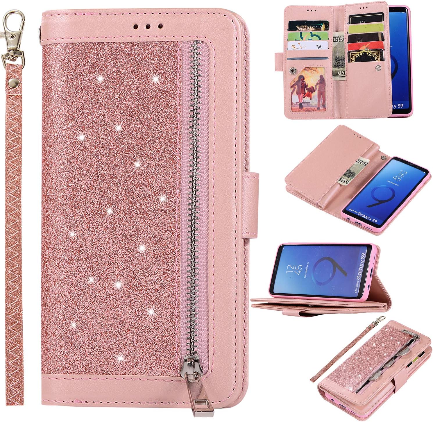 EYZUTAK Wallet Case for Samsung Galaxy S9 Plus,Magnetic Handbag Zipper Pocket PU Leather Flip with 9 Card Slots and Wrist Strap Folio TPU Inner Stand Case for Samsung Galaxy S9 Plus - Rose Gold