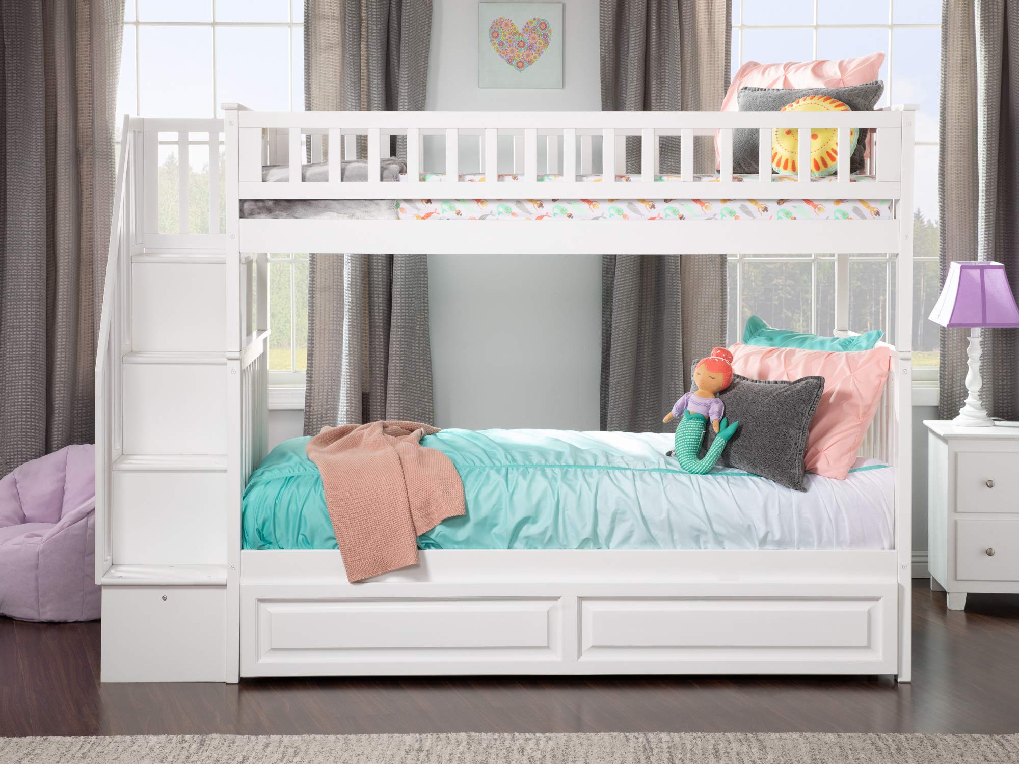 Atlantic Furniture Woodland Staircase Bunk Raised Panel Trundle Bed, Twin, White, Twin over Twin