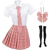 PROCOS Women Japanese Uniform Outfit US Size Costume with Plaid Bow Tie Socks 5 PCS