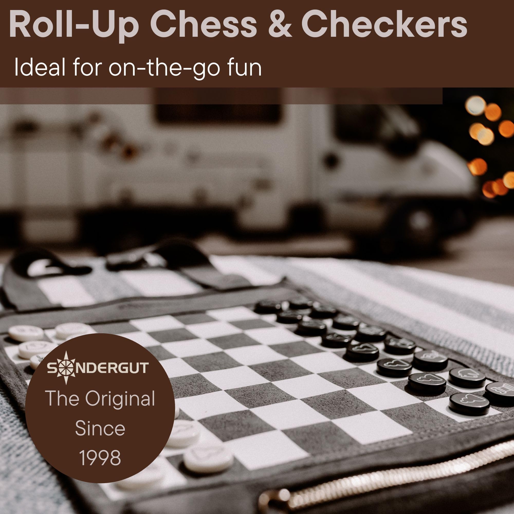 Sondergut Roll-Up Portable Suede Travel Chess & Checkers Game Set - Compact Perfect for RV Adventure Travel, Cruise, Airplane, Camping, Backpacking, Road Trips, and More.