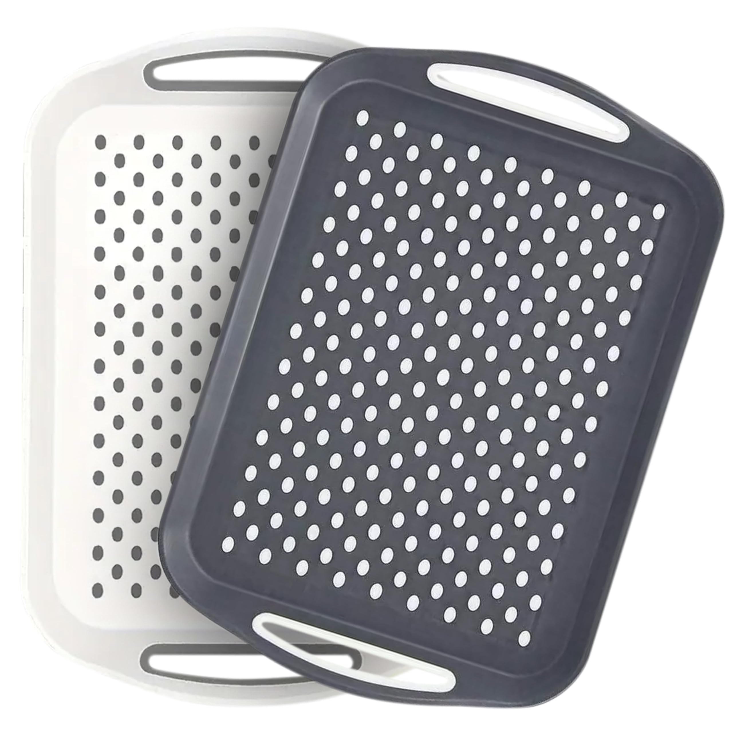 ZYBUX - Set of 2 Anti Slip Food Tray Rectangular Top and Bottom Non Slip Plastic Reusable for Eating Dinner w/High Grip Rubber Surface, Easy Grip Serving Trays with Handles (Grey&White)