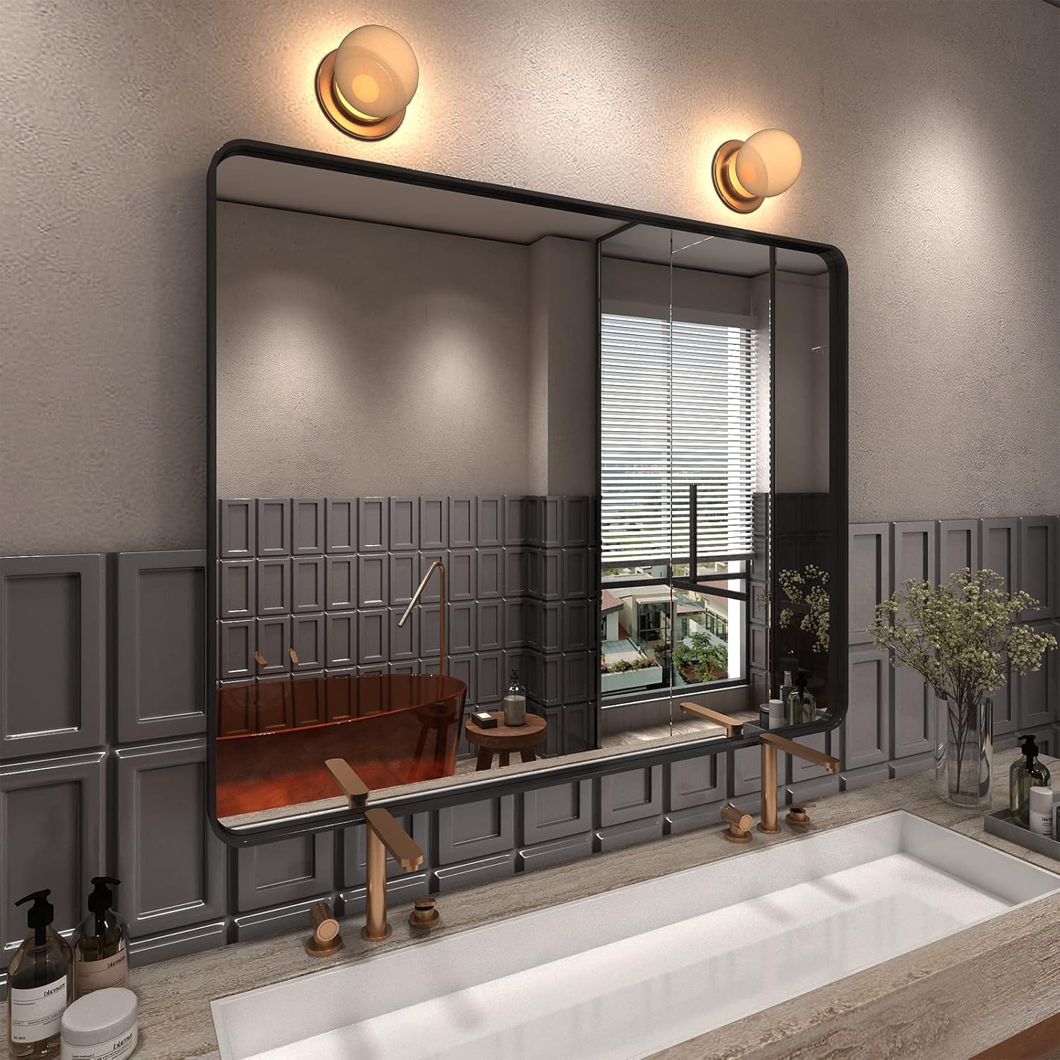 Mirrors - VANLIO 40x32 Black Framed Mirror, Matte Black Bathroom Mirror for Vanity, Modern Round Rectangle Wall Mirror, Metal Frame, Anti-Rust, Tempered Glass (Horizontal/Vertical)