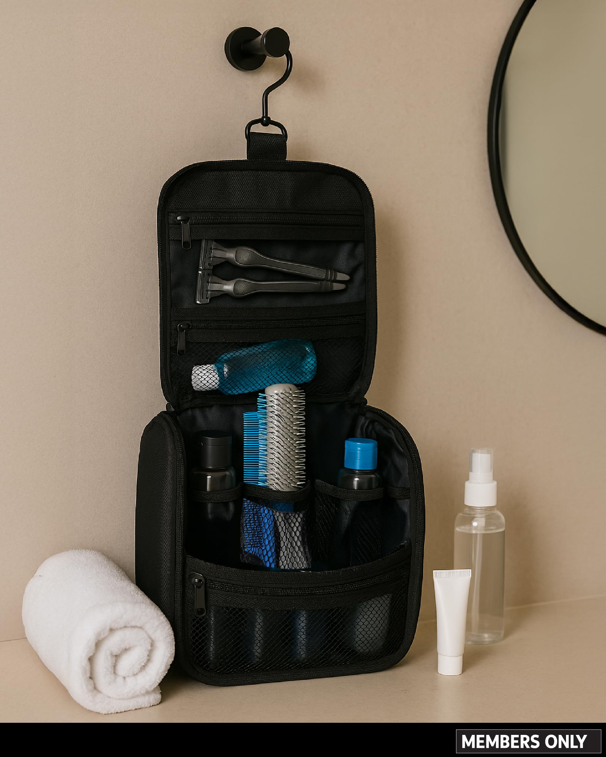 Members Only Hanging Toiletry Bag with Rotating Hook, Black Toiletry Organizer, Bathroom Bag