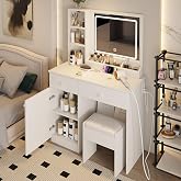 Dressing Table Set, Large Storage Space vanity with Mirror, Power Outlet, Makeup Vanity Bench with 2 Drawers Cushioned Stool for Beauty Storage &amp; Cosmetics, Vintage Vanity Desk for Women (White)