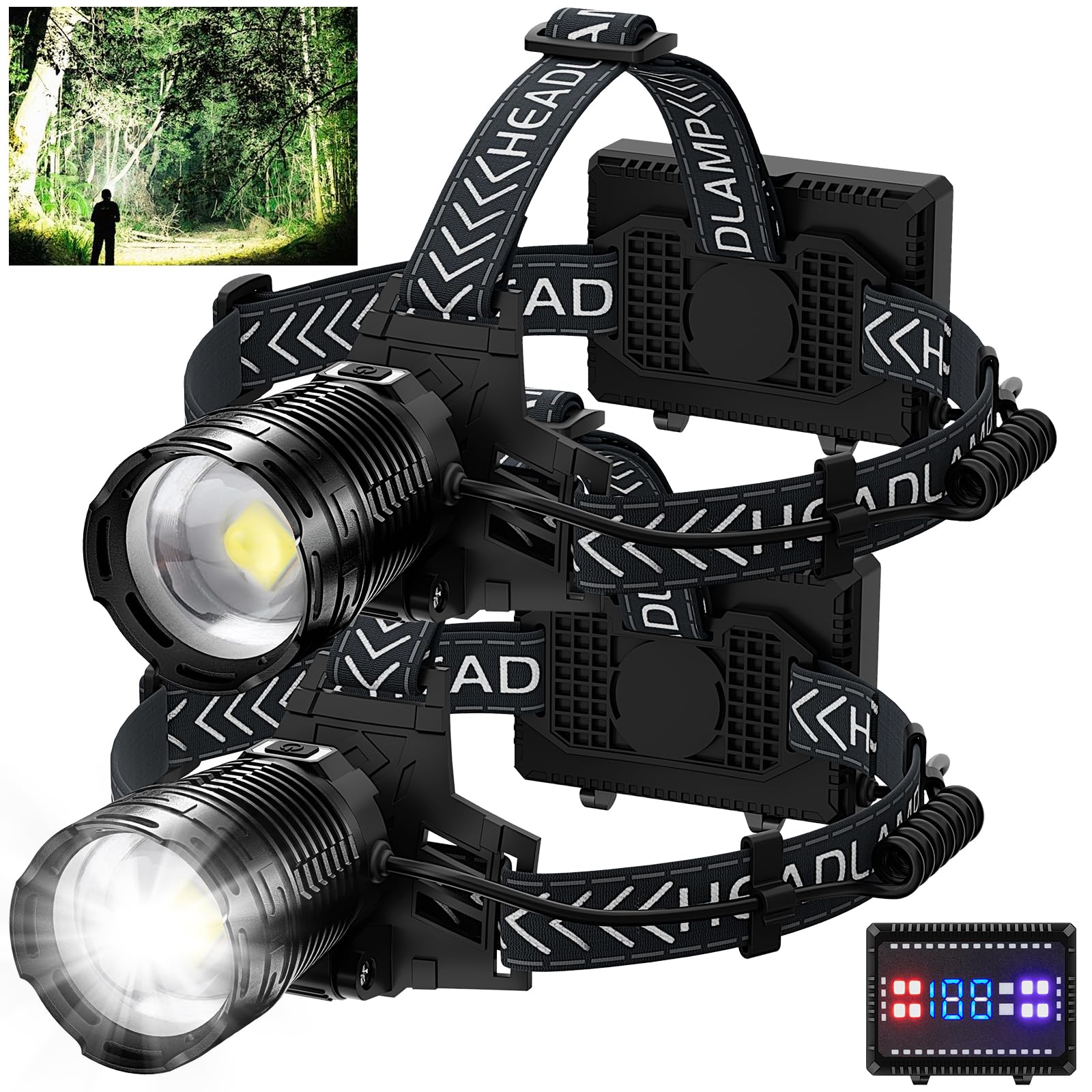 Photo 1 of Cinlinso Headlamp Rechargeable, 2 Pack 99,000 Lumens Super Bright LED Head Lamp with 4 Modes, 90° Adjustable Head Lights for Forehead, IPX6 Waterproof HeadLamps for Adults Camping Hunting