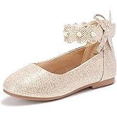 PANDANINJIA Girls Dress Shoes Pearl Mary Jane Ballet Flats Flower Girl Wedding Party Communion Ankle Strap Shoes for Toddler Little Kid Big Kid