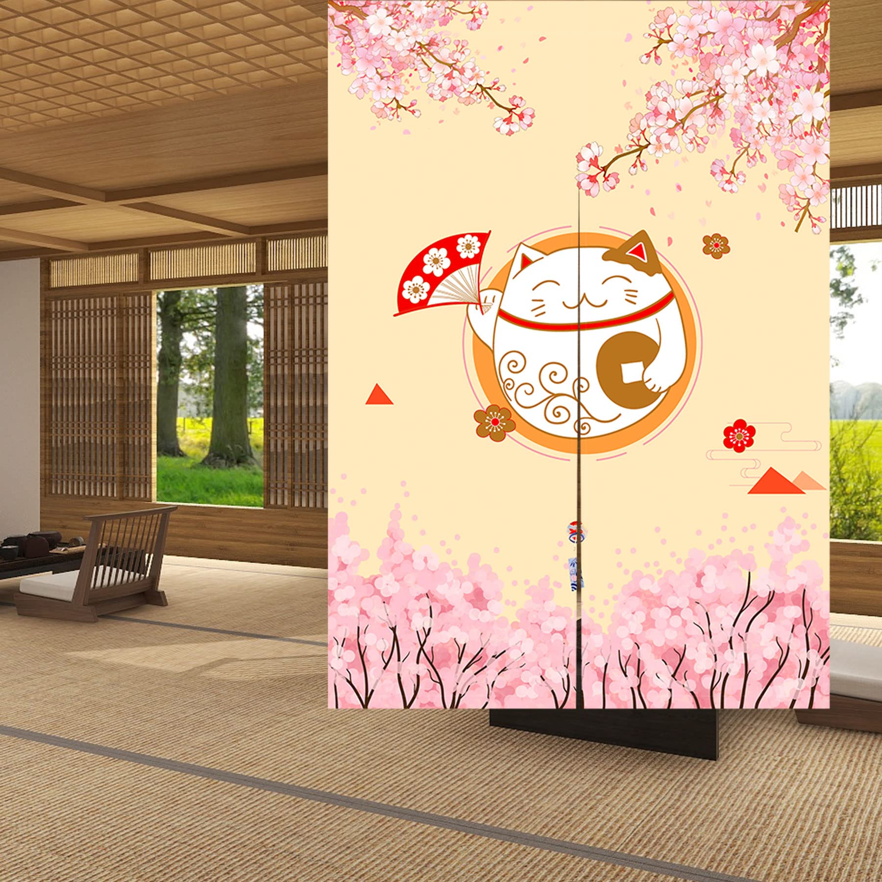 LIGICKY Japanese Style Noren Long Doorway Curtain Fortune Cat & Cherry Blossom Hanging Door Tapestry for Home Decoration, 85 x 120 cm