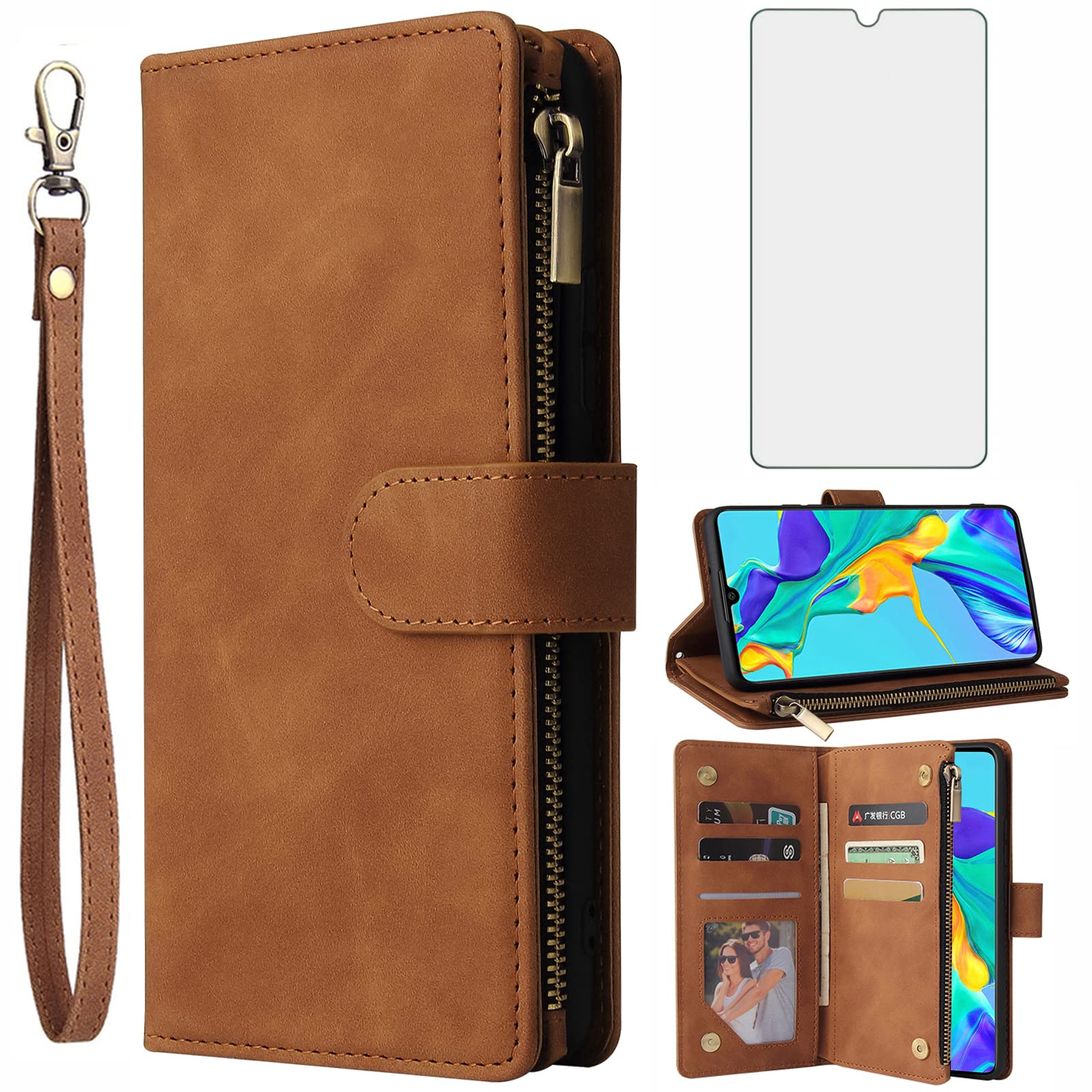 Asuwish Compatible with Huawei P30 Wallet Case Tempered Glass Screen Protector and Leather Magnetic Flip Cover Card Holder Stand Cell Accessories Phone Cases for Hawaii P 30 ELE-L29 Women Men Brown — image 1