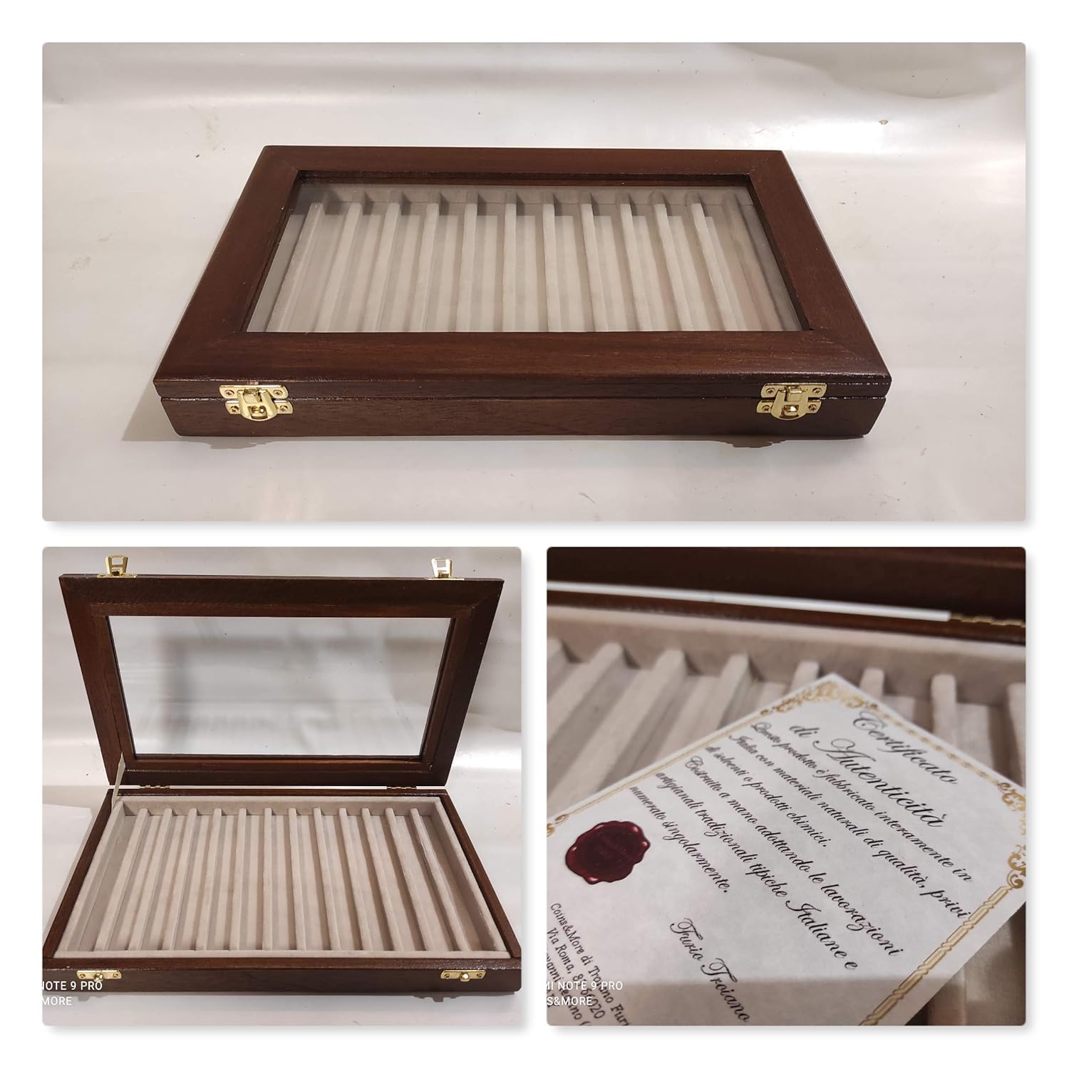 Pen holder box, Wood and velvet case Display for 13 fountain pens