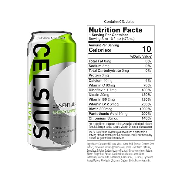 CELSIUS ESSENTIALS, SPARKLING CHERRY LIMEADE, PERFORMANCE ENERGY DRINK 16 FL OZ (PACK OF 12)