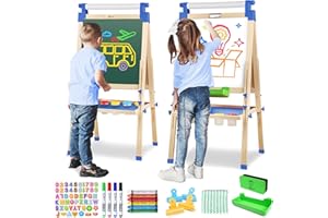 JOYOOSS Easel for Kids Art Easel Kids Easels for Toddlers,Wooden Easel with Paper Roll - Adjustable Magnetic Double Sided Tod