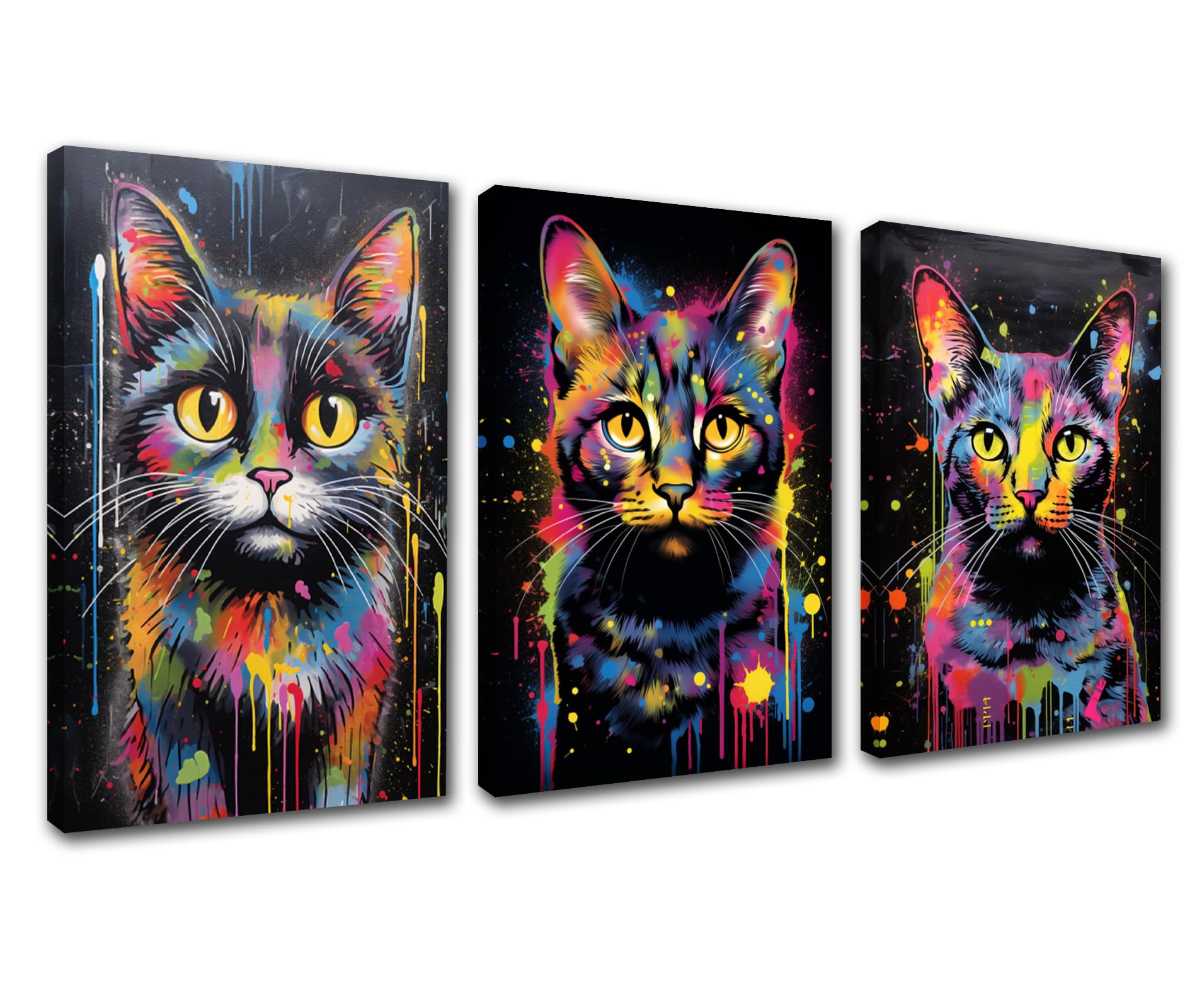 Rainbow Cat Canvas Wall Art Graffiti Animal Picture Wall Decor 3 Pieces Gifts Poster Artwork Creative Funny Watercolour Style Prints for Home Wall Decor Modern Artwork Stretched Easy to Hang 42”Wx20”H