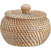 Hipiwe Round Rattan Basket Boxes With Lid Hand-Woven Wicker Storage Baskets Bin Decorative Basket Box Multi-Purpose Picnic Fo