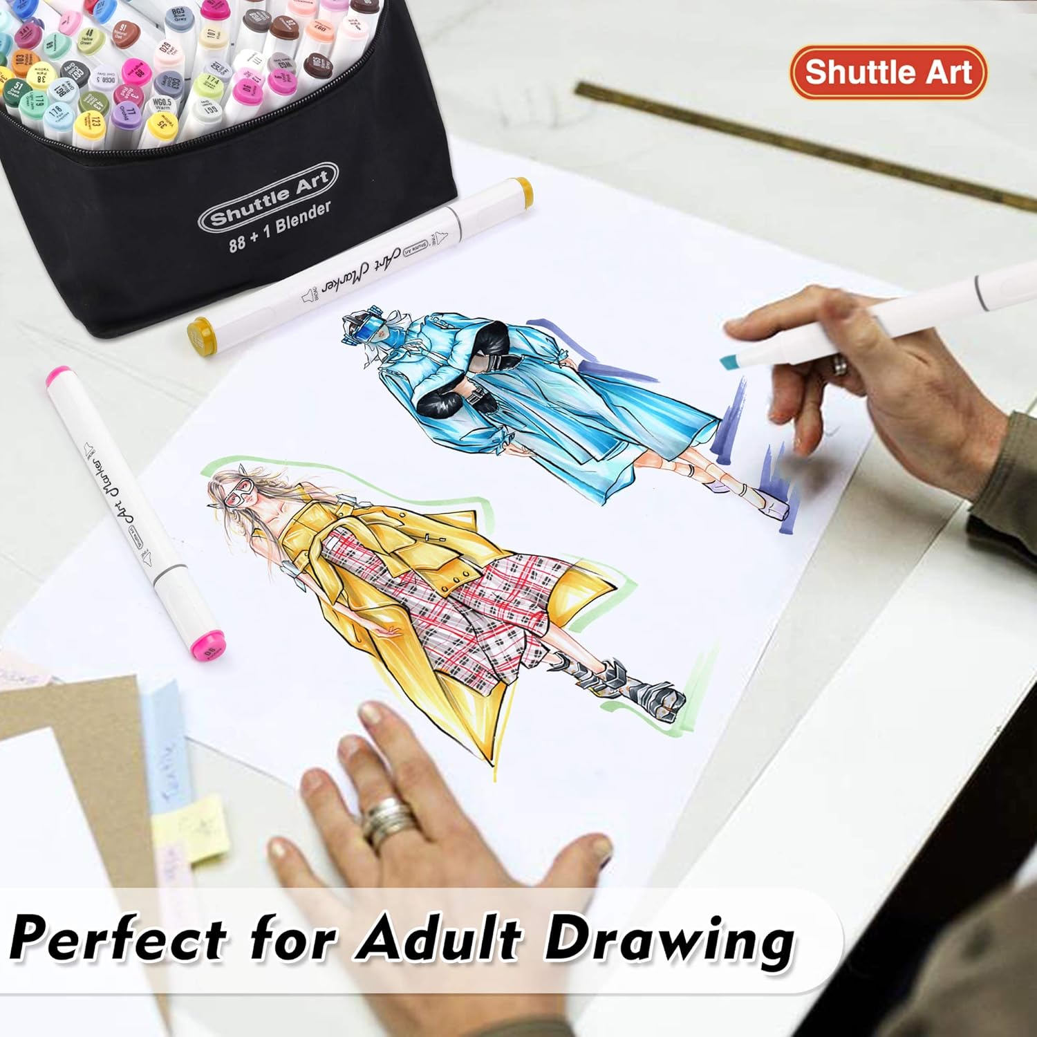 Shuttle Art 88 Colors Dual Tip Alcohol Based Art Markers, 88 Colors plus 1 Blender Permanent Marker Pens Highlighters with Case Perfect for Illustration Adult Coloring Sketching and Card Making