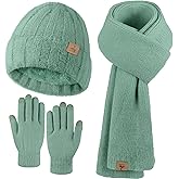 Winter Beanie Hat Scarf Gloves, Warm Fleece Knit Hat Long Scarf Neck Warmer Touch Screen Winter Gloves Set Gifts for Women