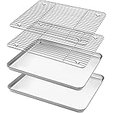 Stainless Steel Baking Sheets with Rack, HKJ Chef Cookie Sheets and Nonstick Cooling Rack & Baking Pans for Oven & Toaster Oven Tray Pans, Rectangle Size 12.5L x 10W x 1H inch & Non Toxic & Healthy