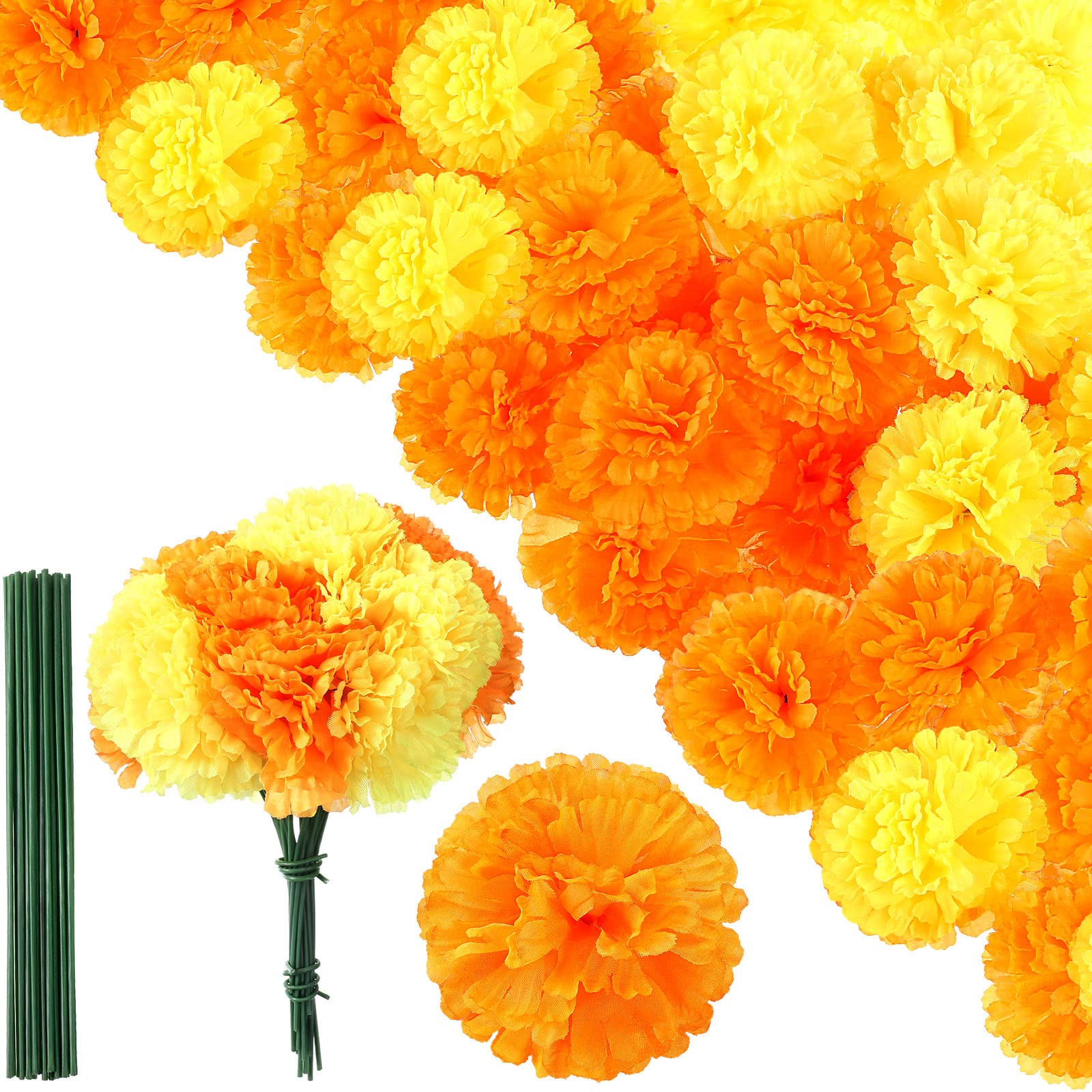Photo 1 of 100 Pcs Artificial Marigold Flowers with Stems 3.5 Inch Day of The Dead Silk Marigold False Flower Halloween Party Dia De Los Muertos Decor Altar Decors for DIY Marigold Garland (Orange,Yellow)