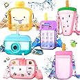 Queekay 6 Pcs Water Bottles with Straws for Kids Watermelon Adjustable Strap Leakproof Plastic Watermelon Ice Cream Camera Bread Biscuits Shaped Water Bottle for School Travel