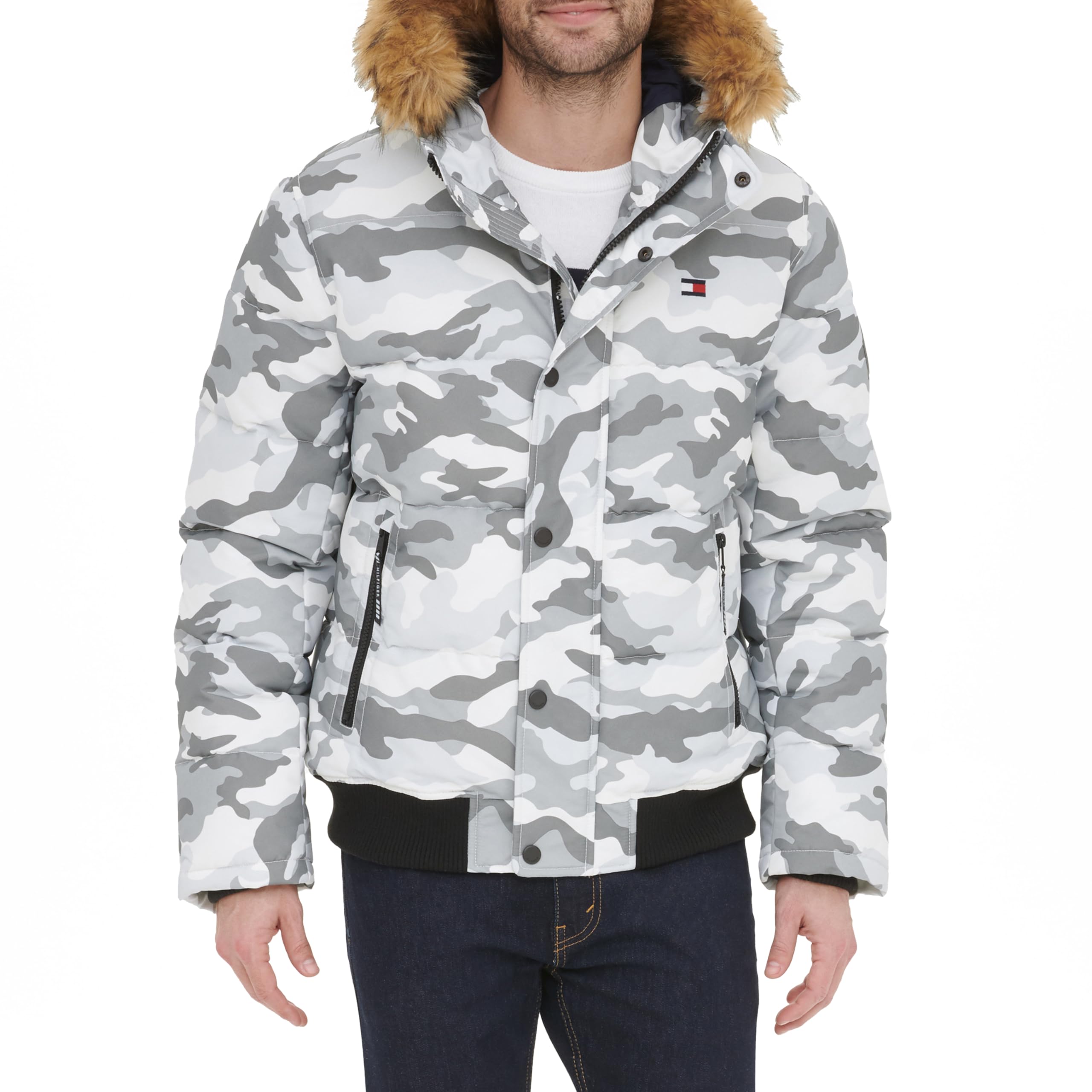 Tommy Hilfiger Men's Quilted Arctic Cloth Snorkel Bomber Jacket with Removable Hood (Standard and Big & Tall), White Camouflage, Small Image