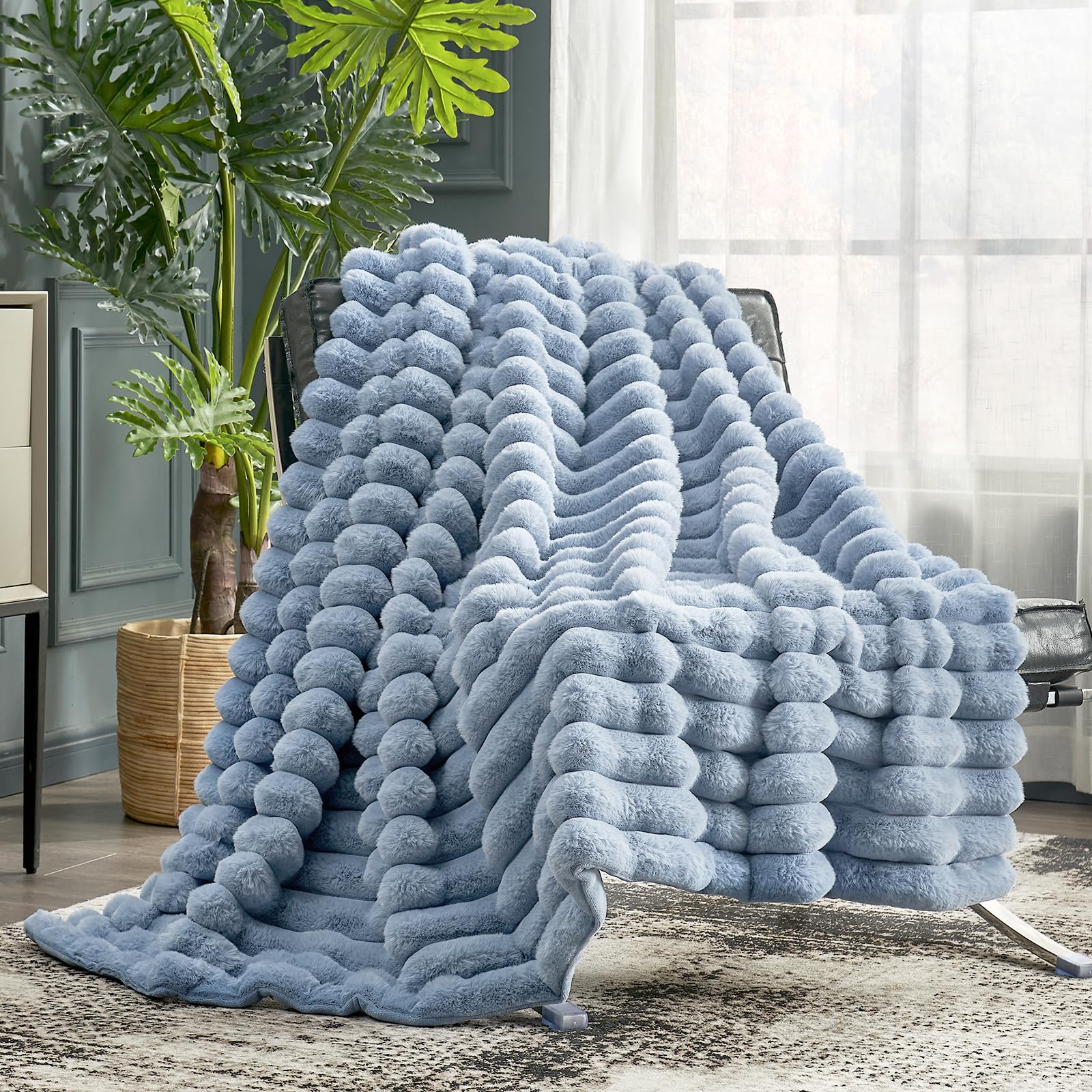 Photo 1 of Cozy Bliss Faux Fur Throw Blanket for Couch, Cozy Warm Plush Striped Blanket for Sofa Bedroom Living Room, 50 * 60 Inches Light Blue