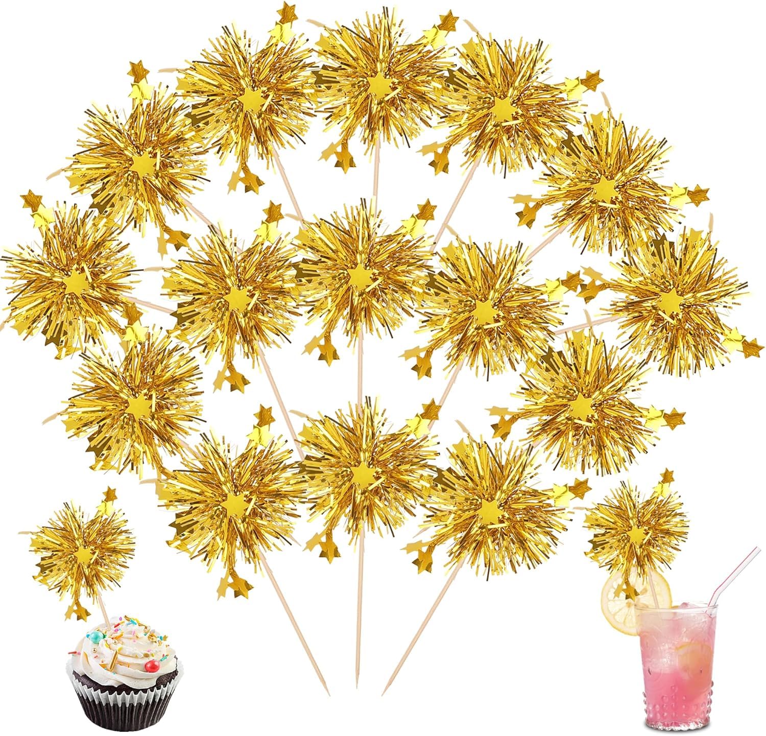 SYKYCTCY 30 Pack Foil Firework Cupcake Toppers Happy Birthday Cake Toppers Star Sparkle Tinsel Flower Drink Stirrers Cocktail Fruit Toothpicks for Birthday Wedding Graduation Party Supplies