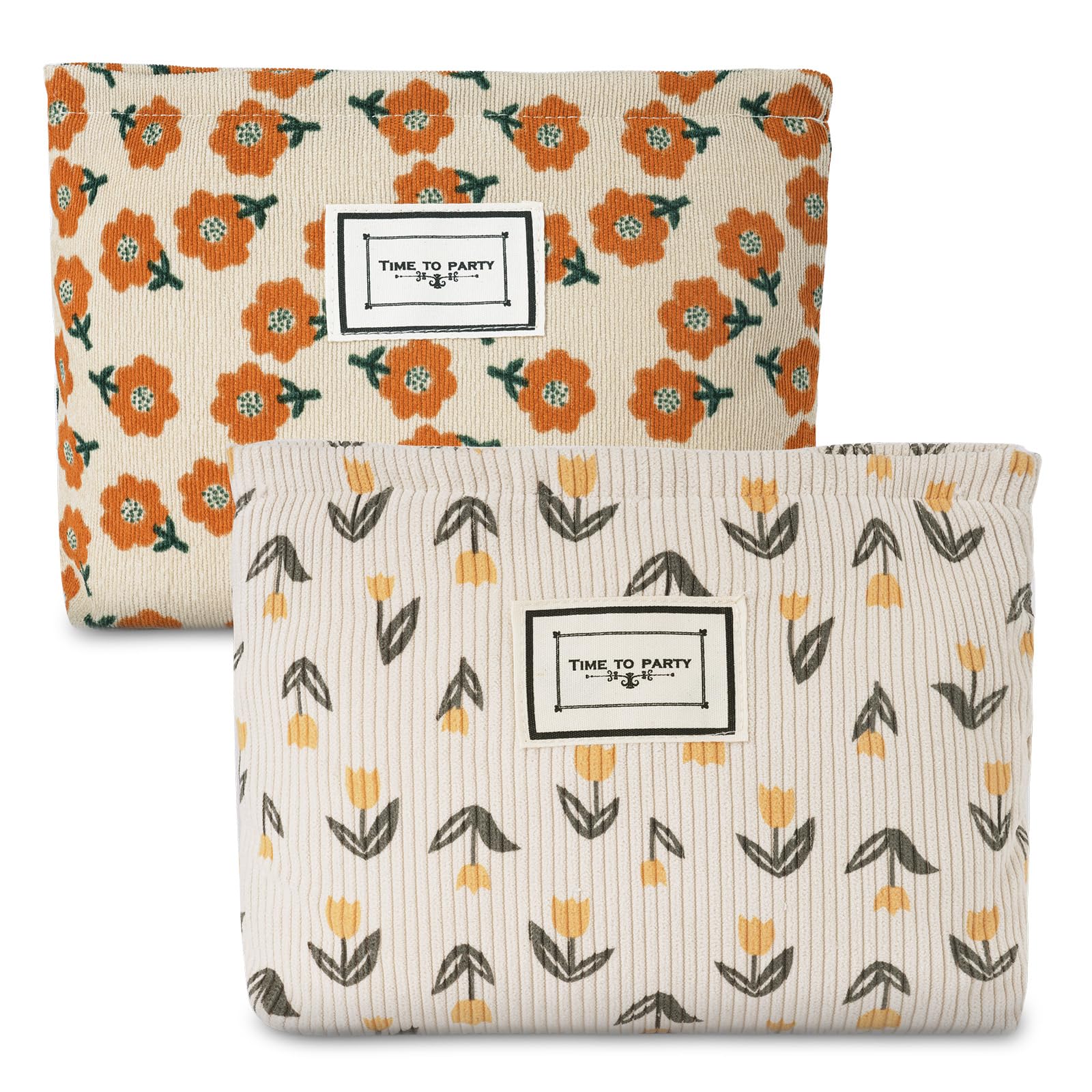 Aucuu Cosmetic Bags, 2 Pcs Small Floral Canvas Cosmetic Bag, Rose Flower Printing Corduroy Toiletry Bag, Multifunctional Travel Makeup Bag with Metal Zipper for Women Girls Gift