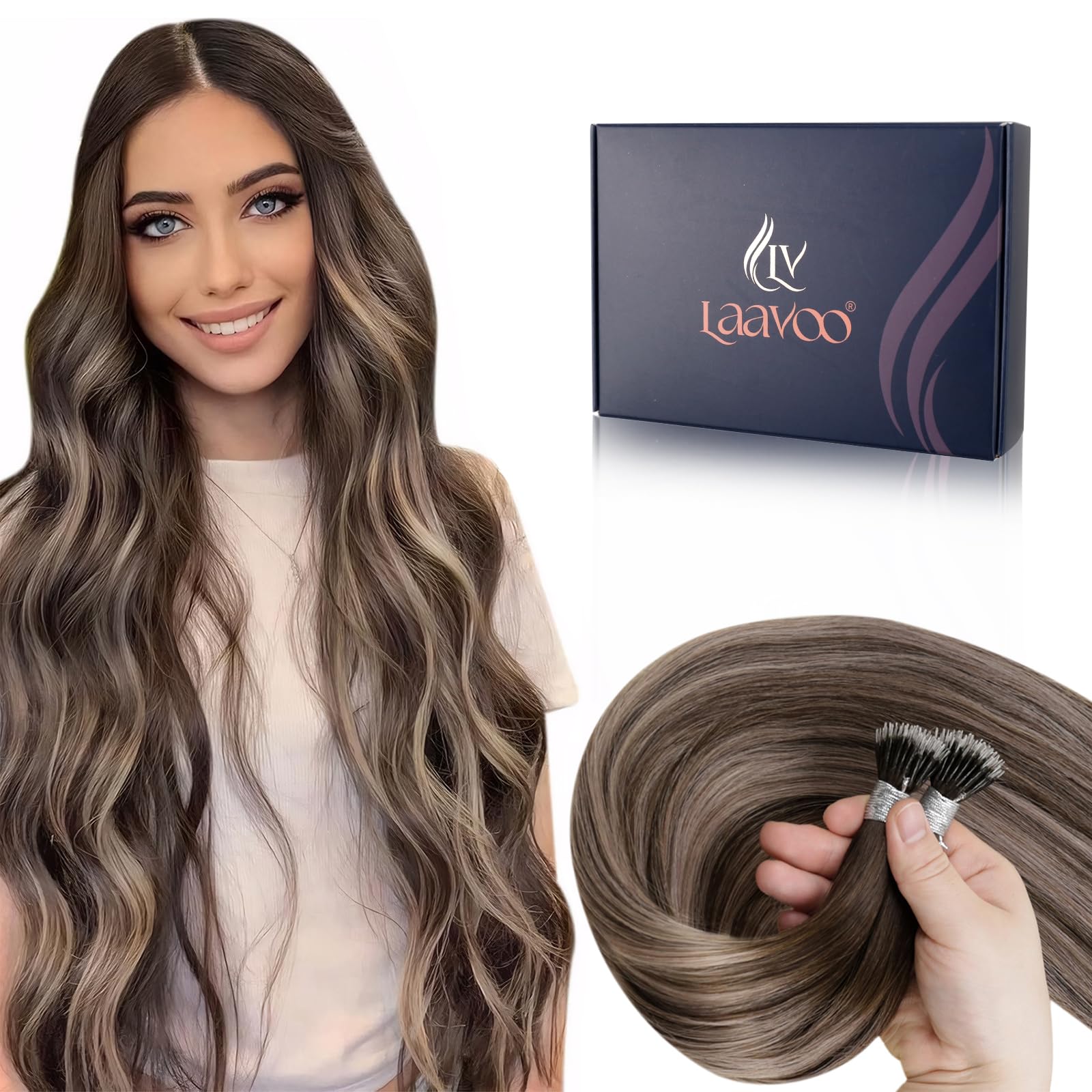 LaaVoo Nano Hair Extensions Real Human Hair Dark Brown Nano Beads Hair Extensions 22 Inch Balayage Ash Blonde Invisible Nano Ring Straight Remy Hair 50g 50s #4/18/4 — image 1