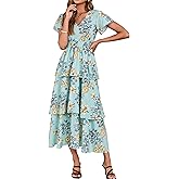 Simplee Women Floral Summer Maxi Dress Boho Flowy Ruffle Tiered Short Sleeves V Neck Long Wedding Guest Dresses
