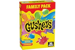 Gushers Fruit Flavored Snacks Family Pack, Tropical & Strawberry Flavors, Gluten Free Gummy Kids Snack, Bursting Juicy Center, Vitamin C Source, Individually Wrapped, Bulk Box, 20 Pouches, 16 oz Total