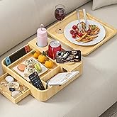 Couch Cup Holder, Couch Tray Cup Holder Sofa Tray, Large Capacity Two-Tier Wooden Trays with Drawer for Sofa, Bed, Picnic, Drinks, Snacks, Remote, Cell Phone, Headphones (Solid Pine Wood)12.8*12.8 in