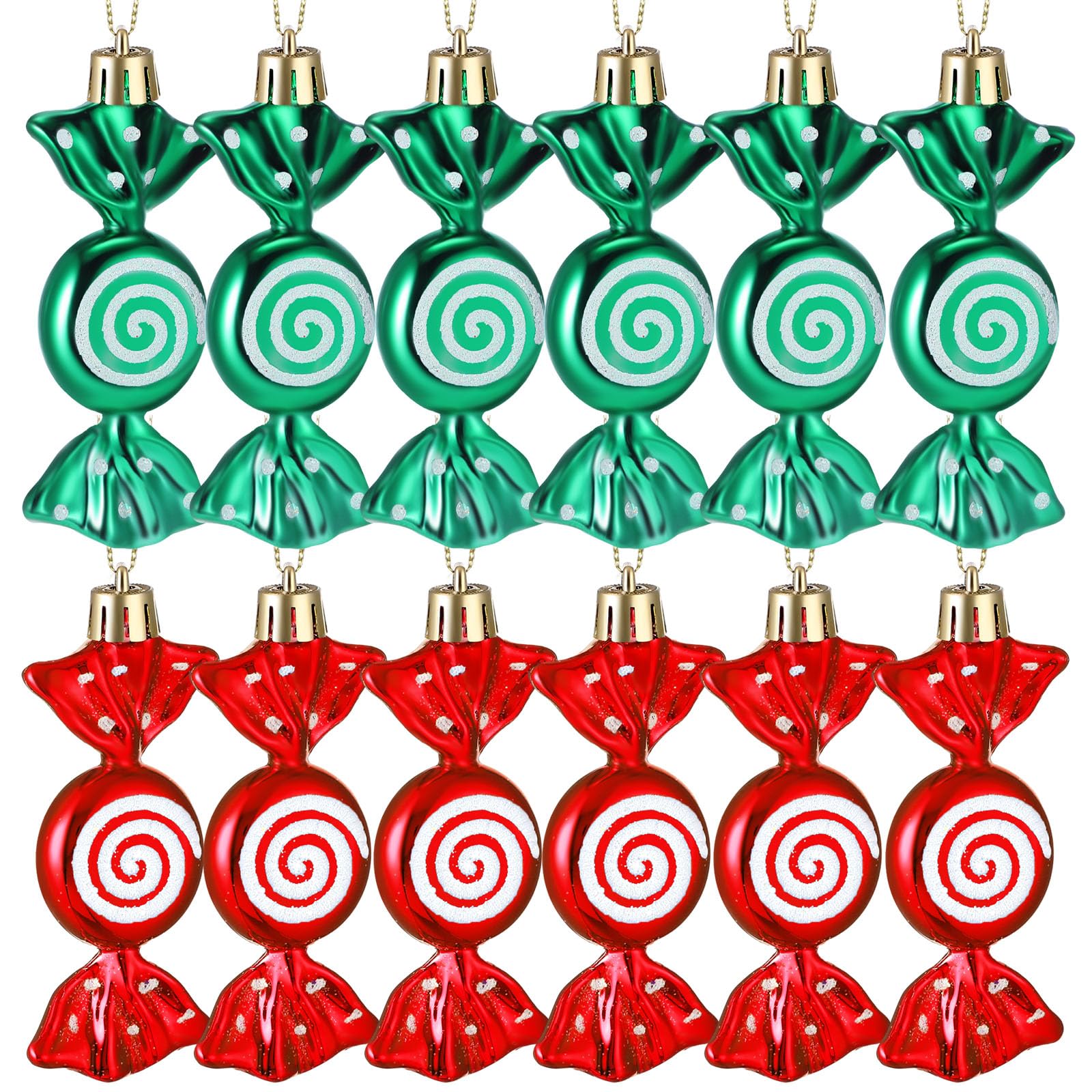 Threan 12 Pcs Christmas Candy Ornaments for Tree Decoration Hanging Glitter Candy Cane Christmas Peppermint Ornament with Golden Rope for Xmas Holiday Decoration(Red, Green,Plastic) — image 1