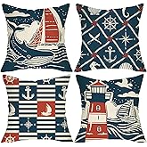 Fjfz Nautical Decorative Throw Pillow Covers 18 x 18 Set of 4, Beach Coastal Sailboat Whale Lighthouse Anchor Porch Outdoor Home Decor, Navy Blue Sea Ocean Marine Life Sofa Couch Cushion Case